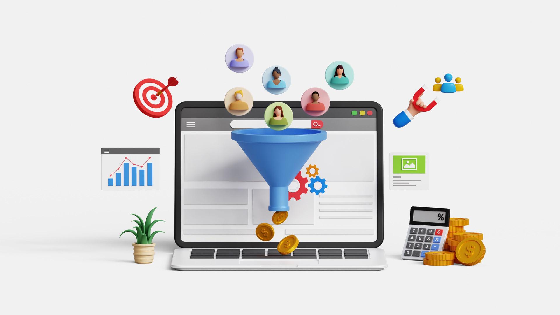 Lead generation, manage marketing targets, audience outreach concept. Convert audience into sales. CRO, conversion rate optimization. 3D laptop with marketing funnel and lead generation icons